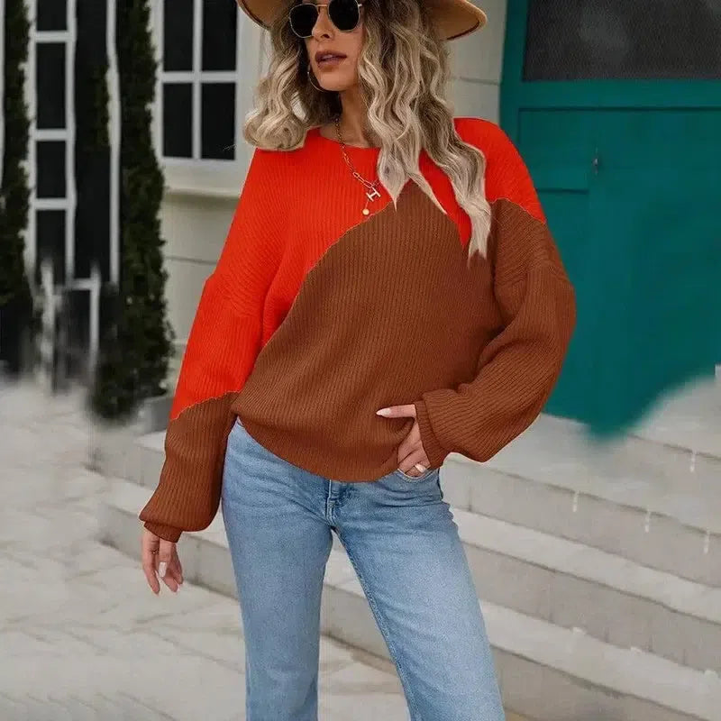 Sweater Color Matching Batwing Shirt Pullover Round Neck-3