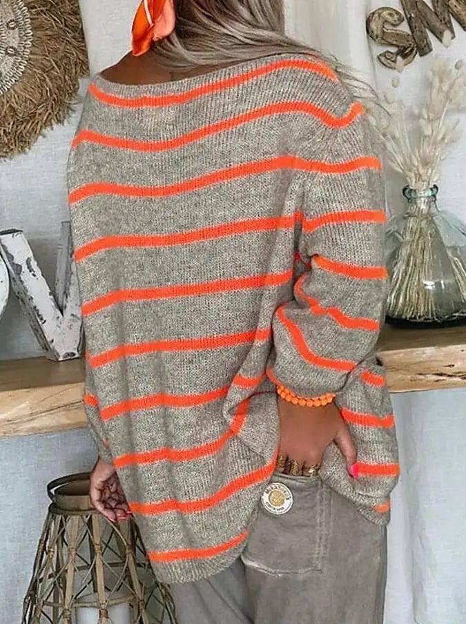 Sweater Contrast Stripe Pullover Crewneck Sweater-8