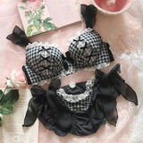 Sweet Lingerie Women's Small Chest Gathered Cute Plaid Bra-Blackgrid-3