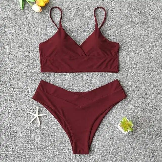 Swim Suit Swimsuit Women Two Piece Swimwear Beach Bikini 27-WineRed-6