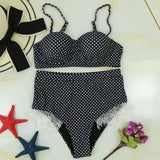 Swimsuit Split Polka Dot High Waist Underwire Lace Bikini-Black-2