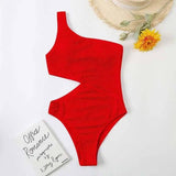 Swimsuit Womens One Piece Bikini Solid Color One Shoulder-Red-1