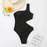 Swimsuit Womens One Piece Bikini Solid Color One Shoulder-Black-8