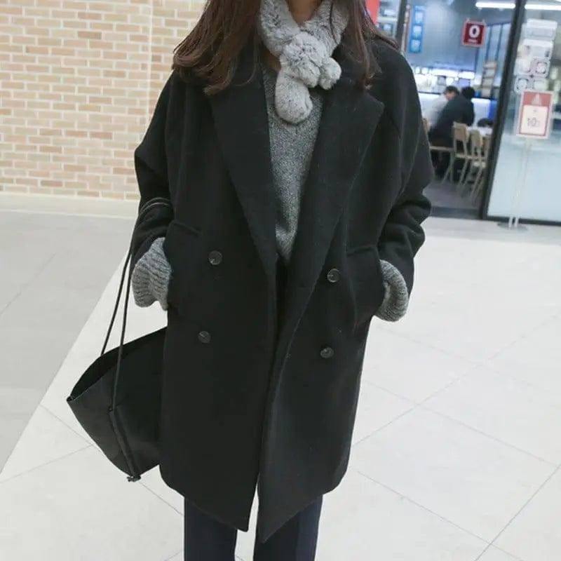 Temperament Slim Mid-length Winter Product Woolen Coat-Black-5