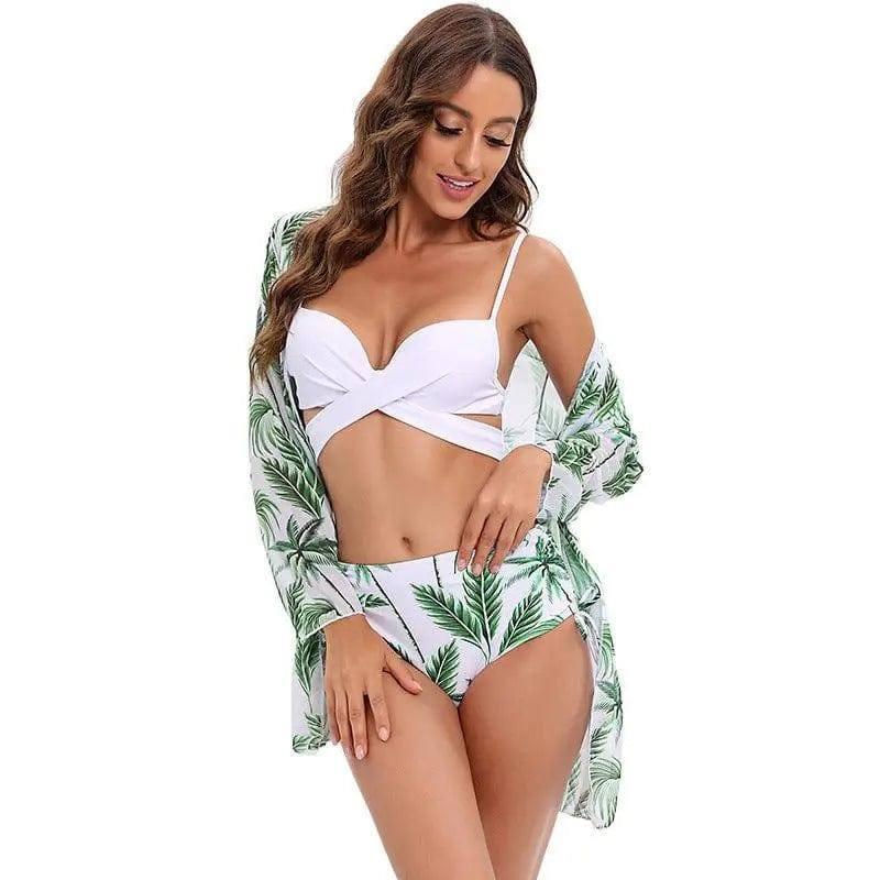 Three Piece Bikini Shawl Split Swimsuit High Waist-Greenleaves-5