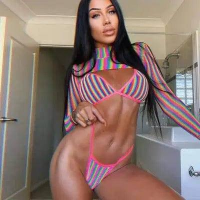 Three-piece rainbow striped bikini suit-2