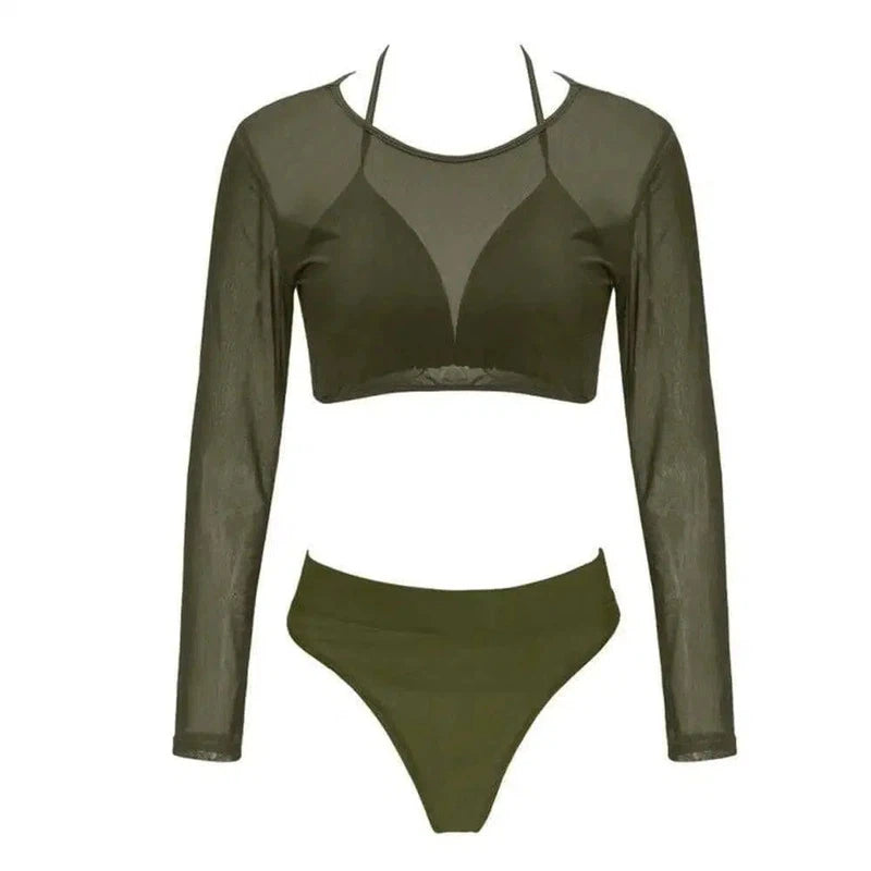 Three-piece Solid See-through Bikini-ArmyGreen-4