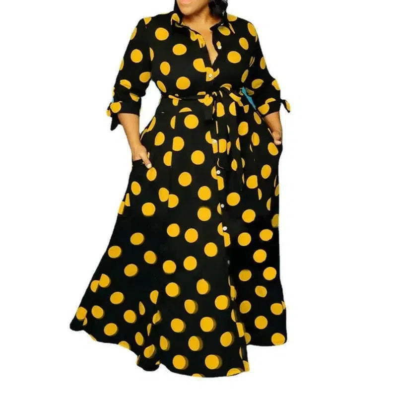 Dress Women Plus Size Loose Long Dress with Lacing Up Dots Bohemian Ladies Shirt Dress Maxi Elegance Wholesale Dropshipping-Yellow-8