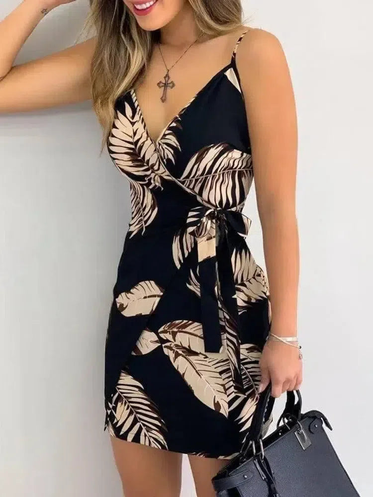 Tropical Print V-Neck Wrap Casual Dress-black-3