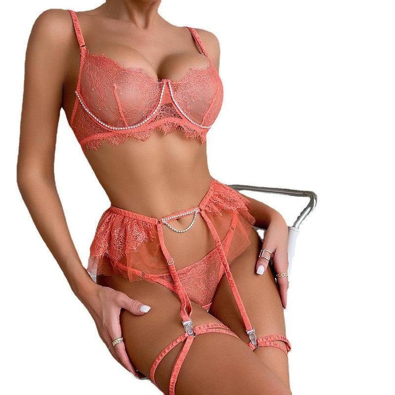 Underwear Lace See-through Push Up Rhinestone Four-piece Set-2