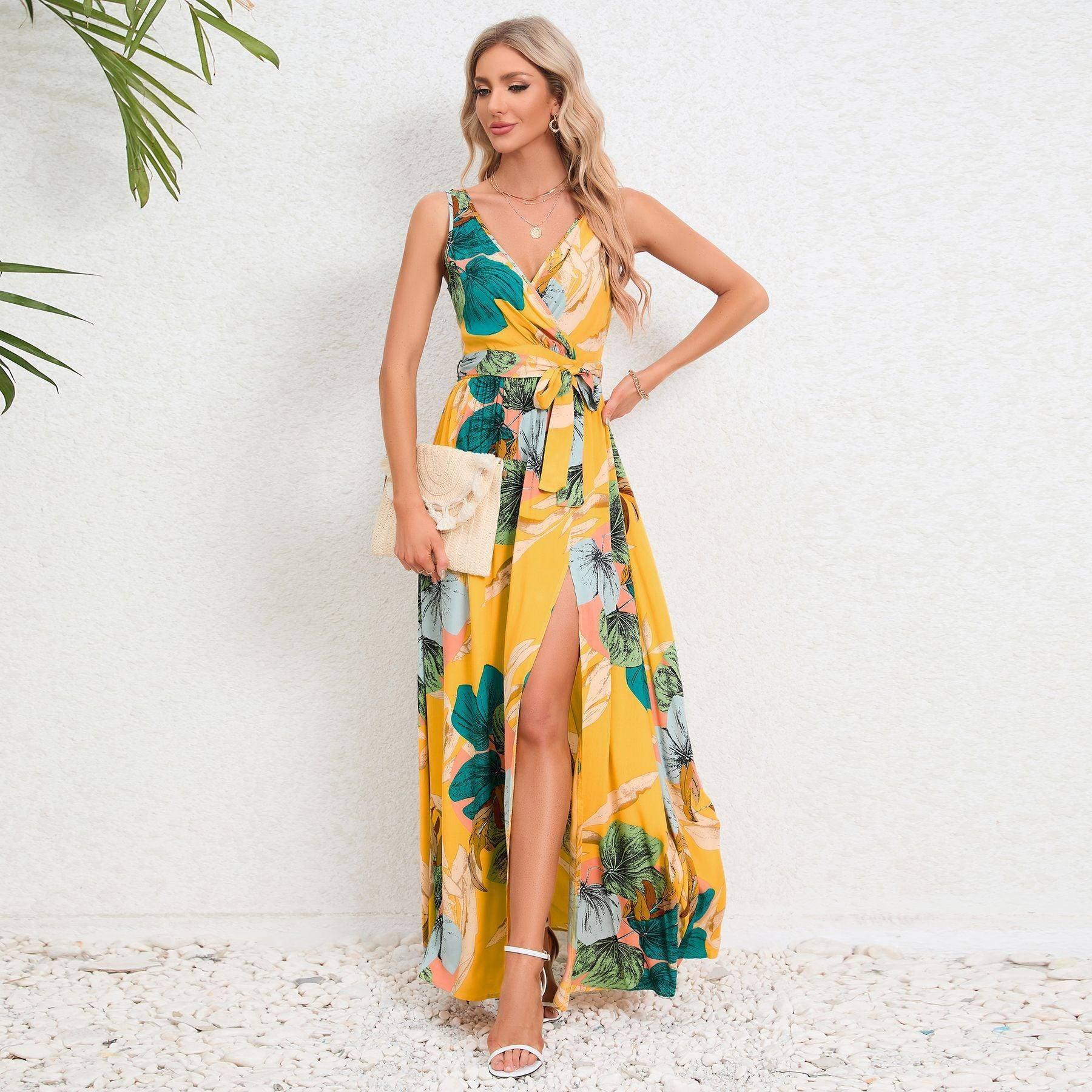 V-neck Floral Print Long Dress Summer Fashion Waist Tie Slit-Yellow-5