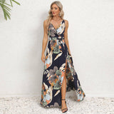 V-neck Floral Print Long Dress Summer Fashion Waist Tie Slit-8