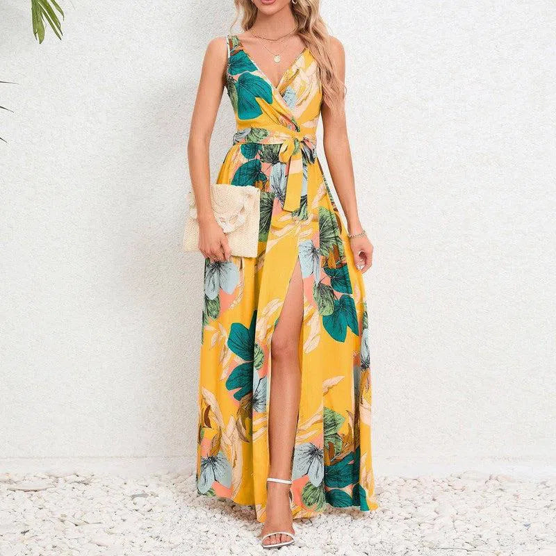 V-neck Floral Print Long Dress Summer Fashion Waist Tie Slit Design Sleeveless Dress For Womens Clothing-9