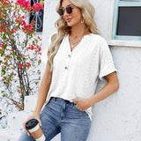 V-neck Rolled Hem Short-sleeved Top Summer Fashion Button-2