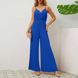 V-neck Suspender Pleated Jumpsuit Solid Color Loose Straight-Blue-8