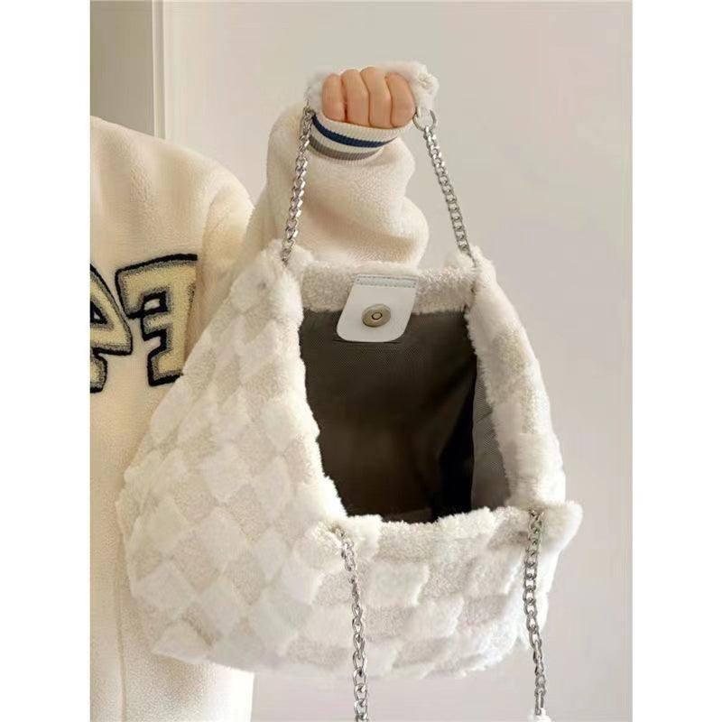 White Plush One Shoulder Bag Casual Tote Bag-White-4