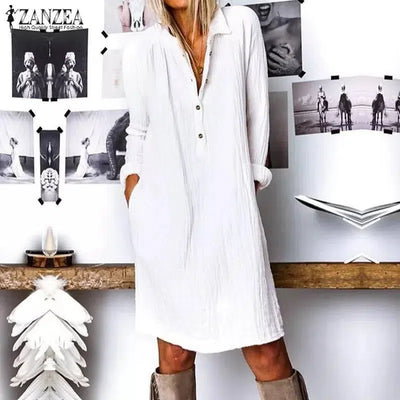 ZANZEA Autumn Lapel Neck Long Shirt Dress-1