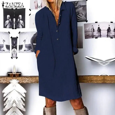 ZANZEA Autumn Lapel Neck Long Shirt Dress-2