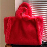 Winter Bags Chain Plush Handbag Totes Women Shoulder Bag-Rose red-5