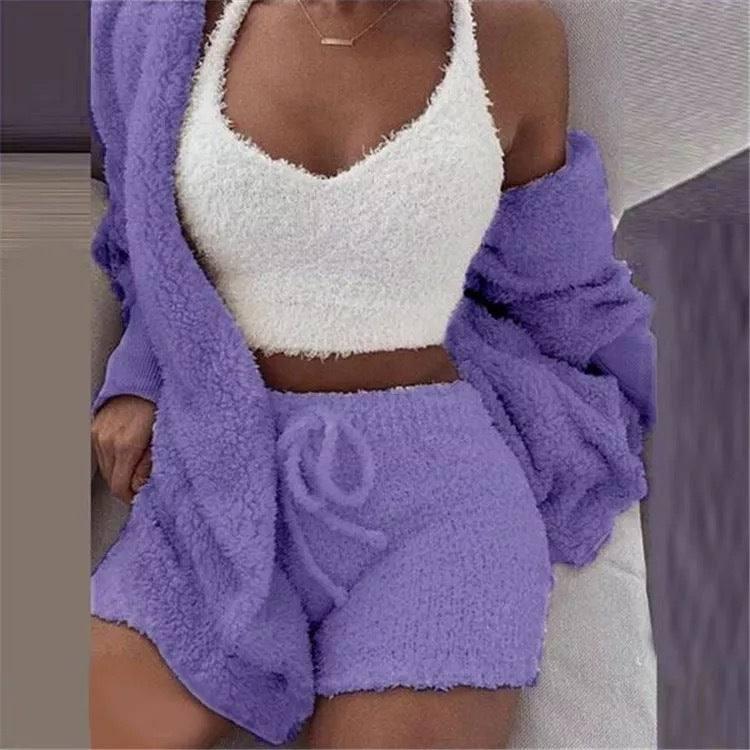 Winter Women Home Wear Suit Casual Pajamas Set Lady Female Soft Warm Long Sleeve Exposed Navel Vest Shorts Set-Dark Purple-6