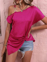 Women Clothes Off Shoulder Blouse Summer Irregular Design Tops Shirt-Rose-4