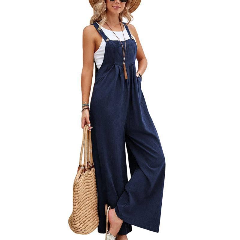 Women Long Bib Pants Overalls Casual Loose Rompers Jumpsuits-Dark blue-7