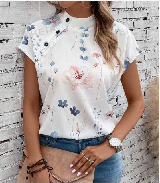 Women's Casual Stand Collar Short-sleeved Digital Printed-Floral 1-7