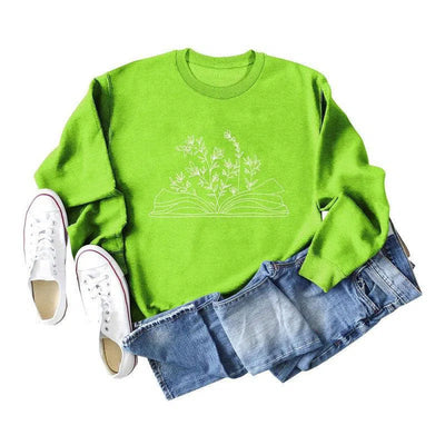 Women's Fashion Casual Book Botanical Pattern Long Sleeve-Fluorescent Green White Font-2