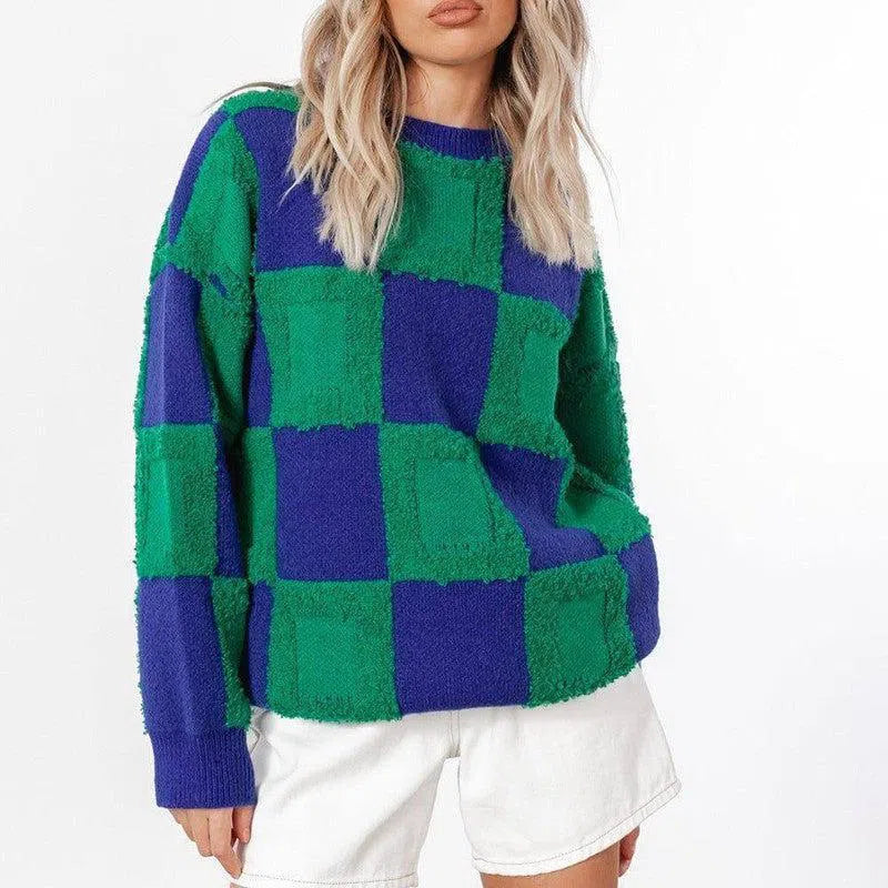 Women's Fashion Casual Chessboard Knitted Pullover Sweater-7