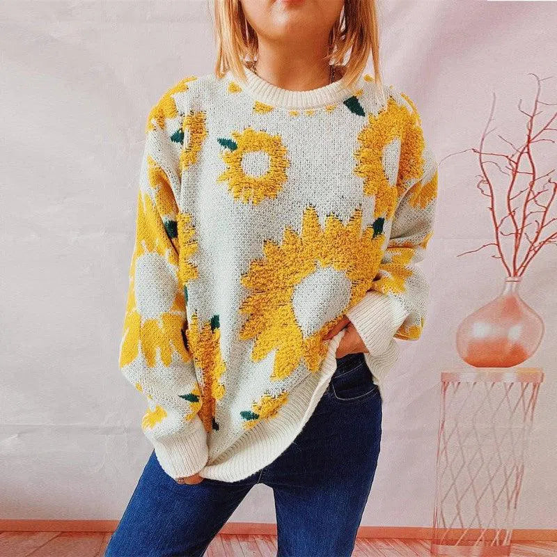 Women's Fashion Casual Sunflower Jacquard Round Neck Long-Yellow-7