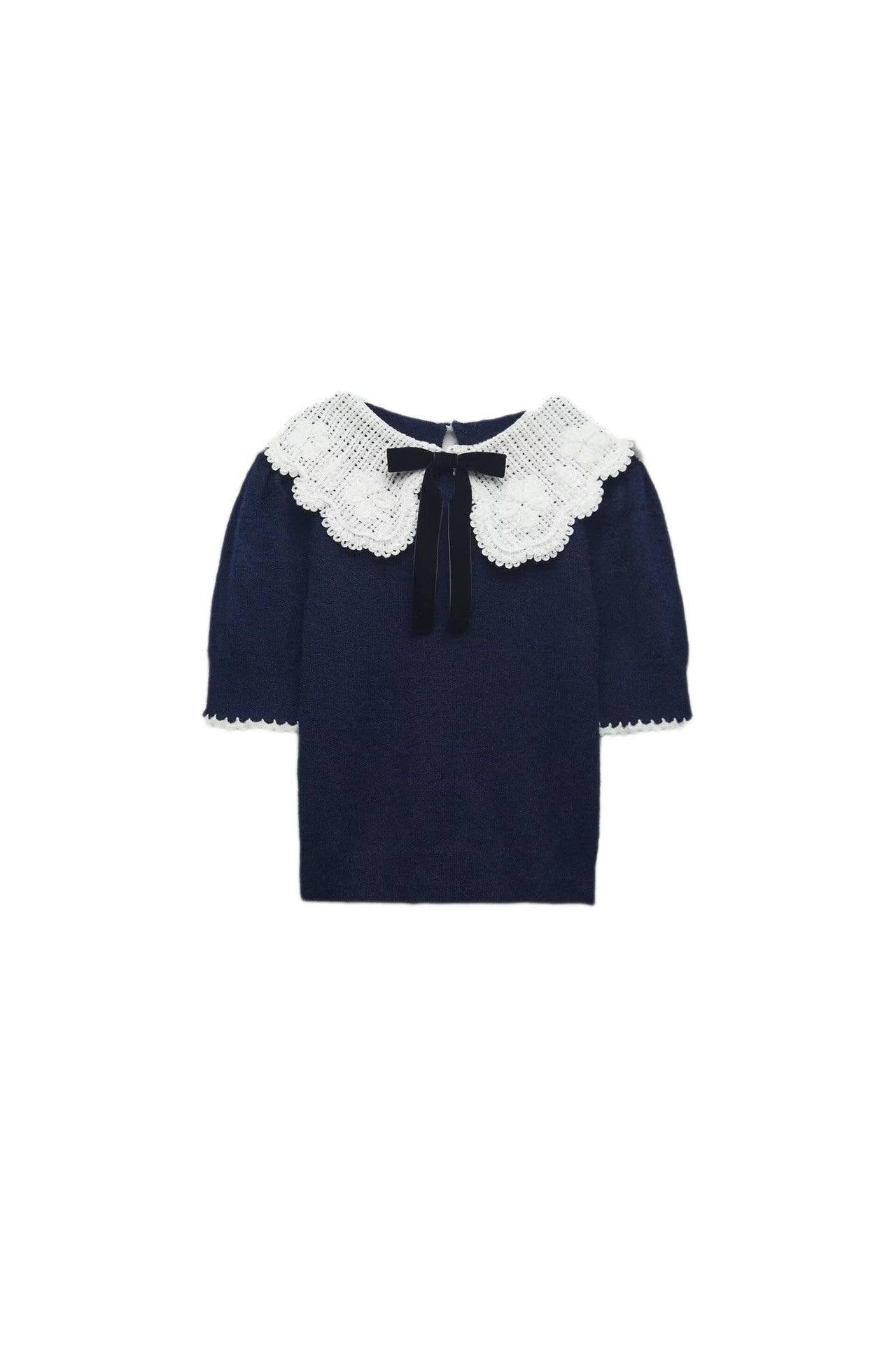 Women's Fashion Lace Peter Pan Collar Bow Short Sleeve-5