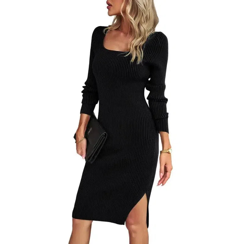 Women's Fashion Temperament Square Collar Woolen Dress-2