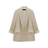 Women's Fashionable Curled Brim Cuff Polo Collar Top Blazer-Beige-7