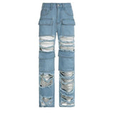 Women's High Waist Zipper Straight Ripped Jeans-4