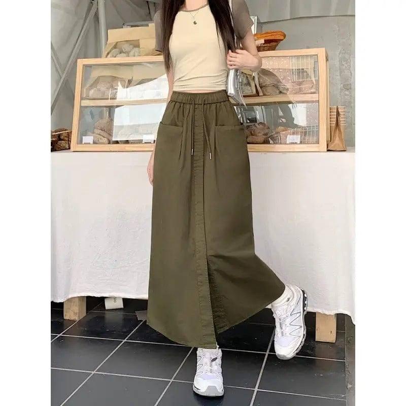 Women's Korean Style Sense Of Design Washed Cotton Midi-Army Green-4