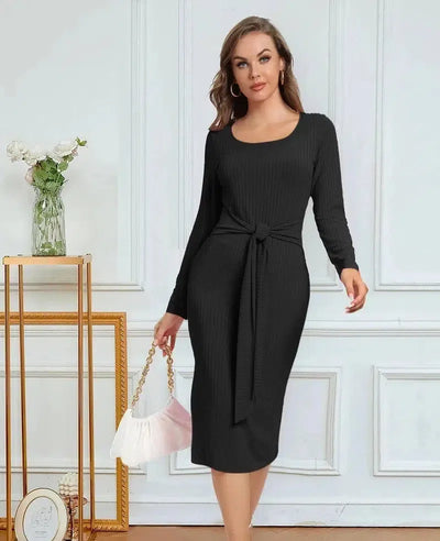 Women's Long Sleeve Tie Split Pit Stripe Midi Dresses-Black-4