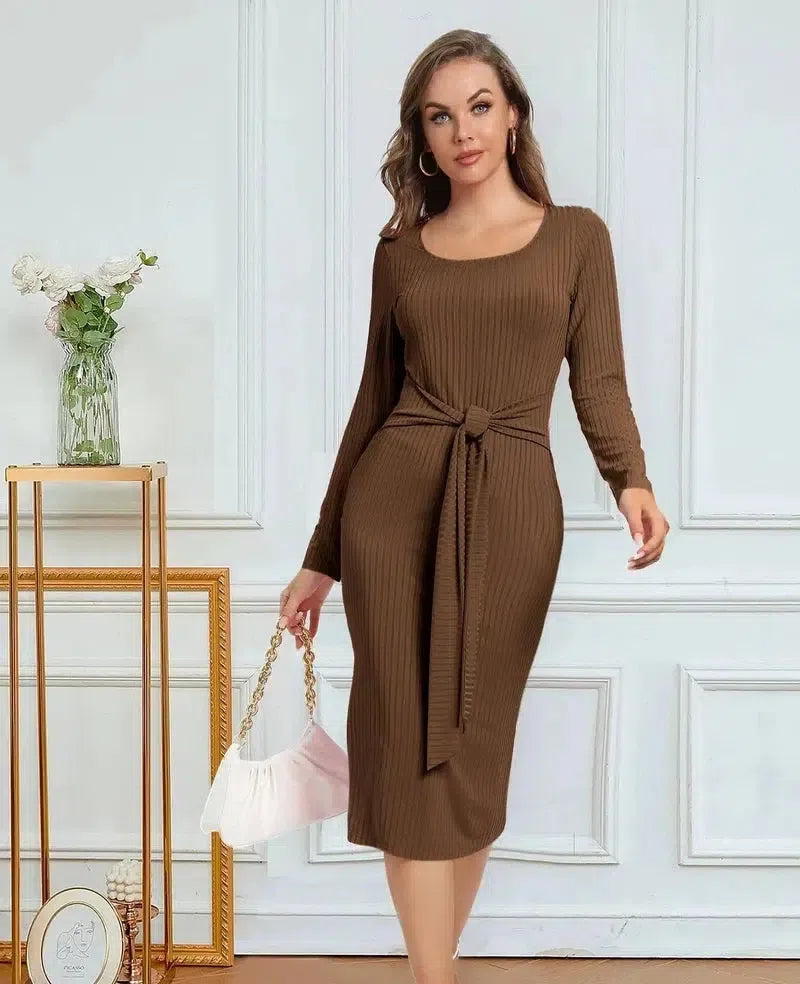 Women's Long Sleeve Tie Split Pit Stripe Midi Dresses-Brown-6