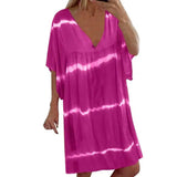 Women's Loose V Neck Striped Tie Dye Print Short Sleeve-Purple-3