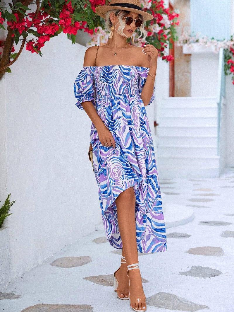 Women's Off-shoulder Smocking Printed Dress-5