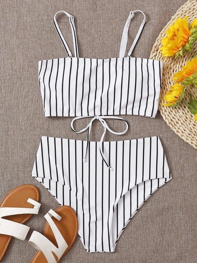 Women's Printed Bikini Split Tie High Waist Swimsuit-White-4