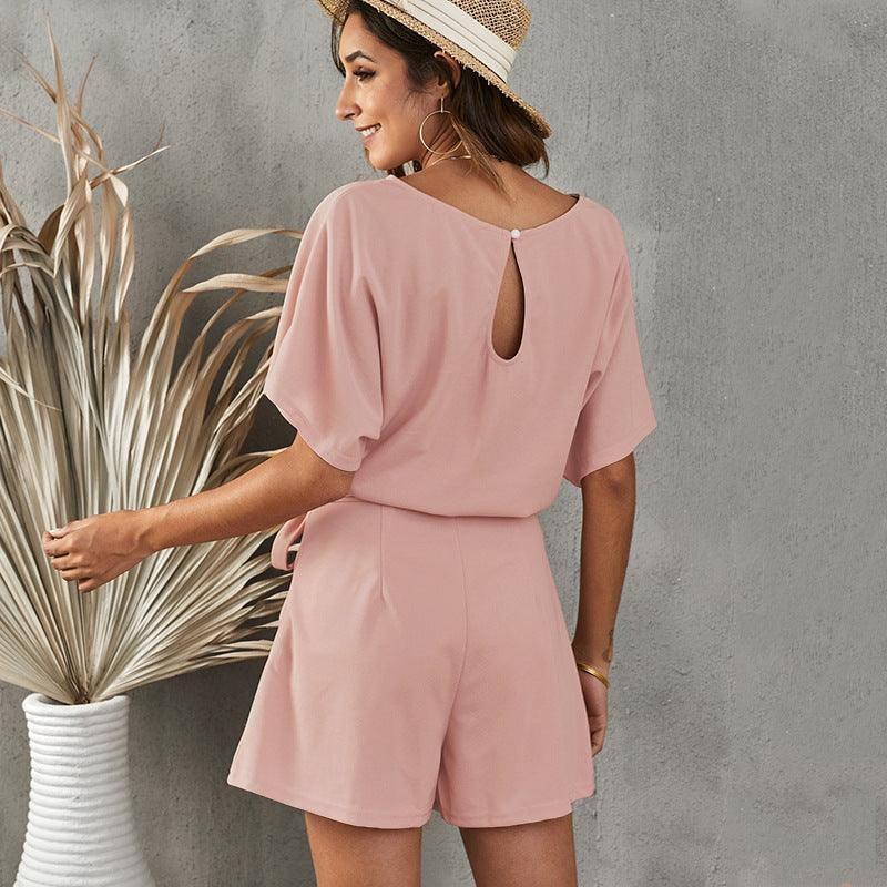 Women's Round Neck Short-sleeved Lace-up Jumpsuit-2