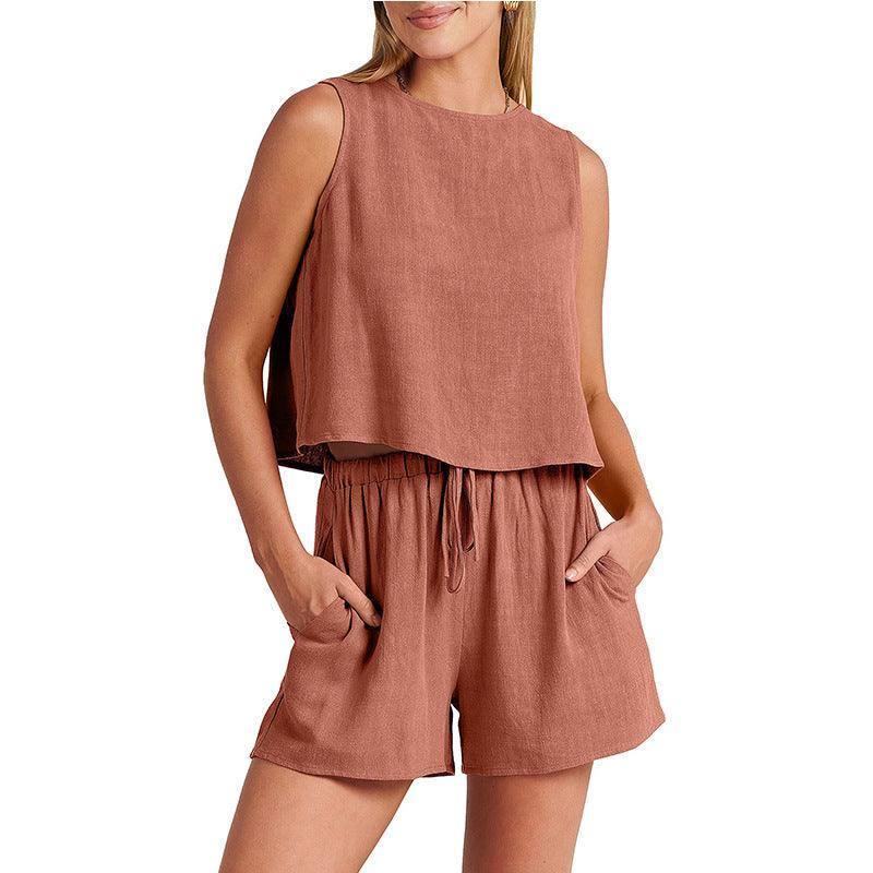 Women's Set Summer Sleeveless Tops And Drawstring Shorts-Orange-7