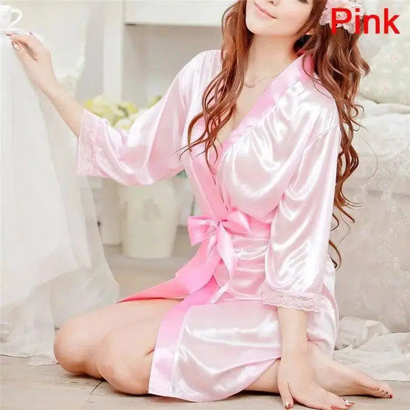 Women's Lingerie Set Ice Silk Robe with Bathrobe-Pink-2