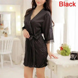 Women's Sexy Lingerie Set Sexy Ice Silk Robe with Bathrobe-Black-6