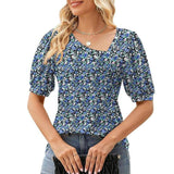 Women's Short Sleeve Irregular Puff Sleeve Loose Floral-Pattern 3-4