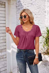 Women's Short-sleeved T-shirt Summer Button Square Collar Pleated Design Solid Color Loose T-shirt Womens Clothing-Purple Red-4