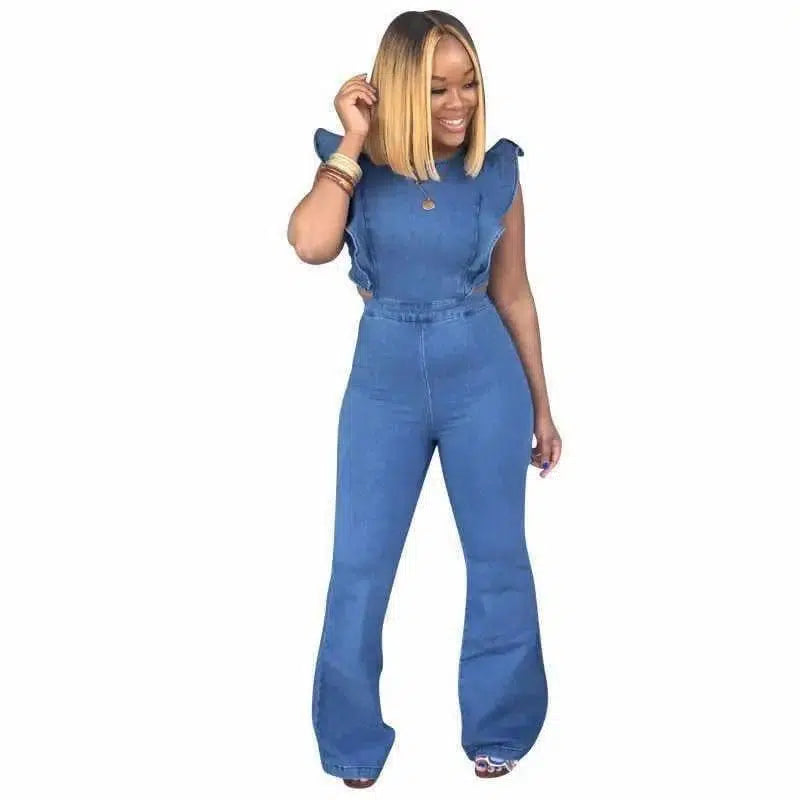 women's sling denim jumpsuit-Blue-11