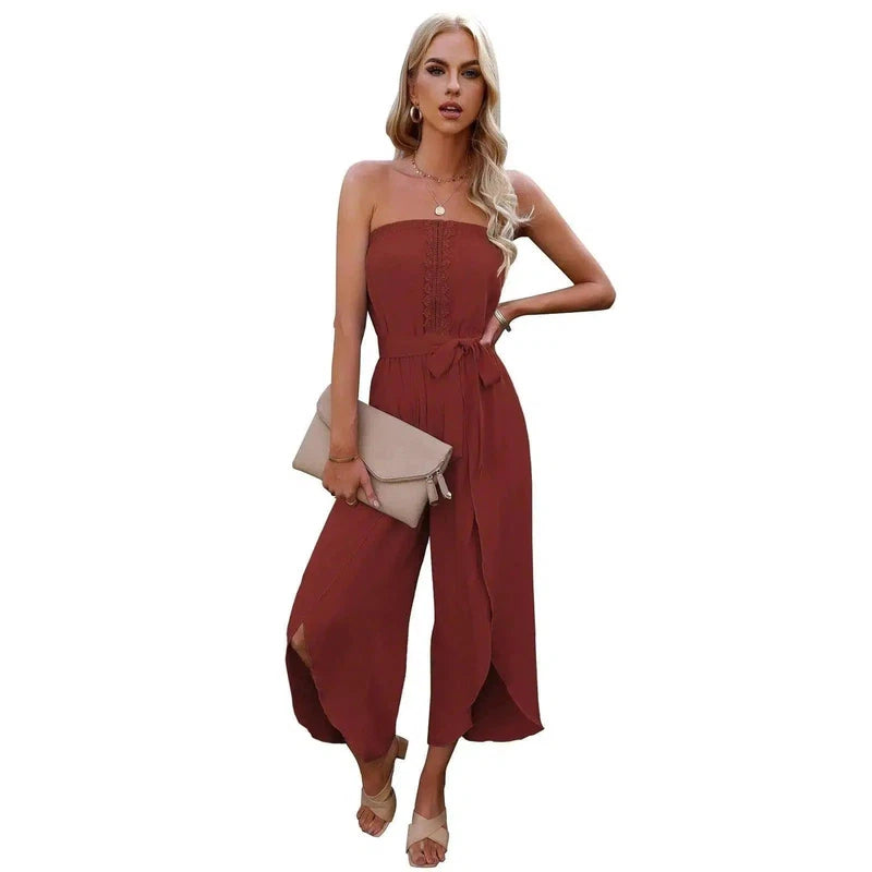 Women's Summer Ninth Loose Jumpsuit Wide Leg Pants-EmbroideredRed-3