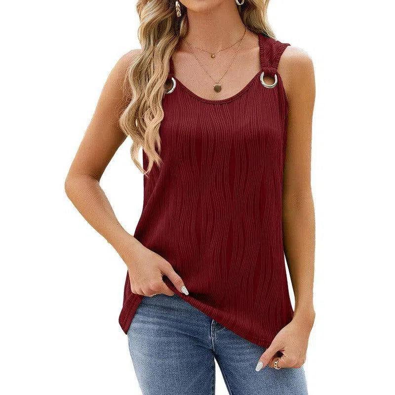 Women's Vest With Metal Button Design Fashion Solid Color Round Neck Sleeveless T-shirt Summer Tank Tops Womens Clothing-Wine Red-2