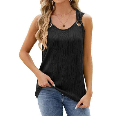 Women's Vest With Metal Button Design Fashion Solid Color Round Neck Sleeveless T-shirt Summer Tank Tops Womens Clothing-Black-4